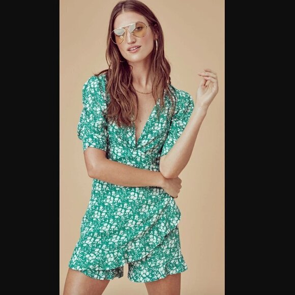 For Love and Lemons Zamira Kelly Green Floral Wrap Romper S